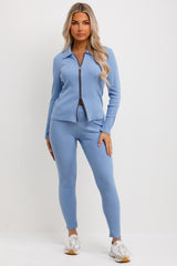 womens ribbed loungewear set with double zip up front