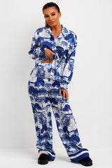 dior print satin shirt and trousers co ord set