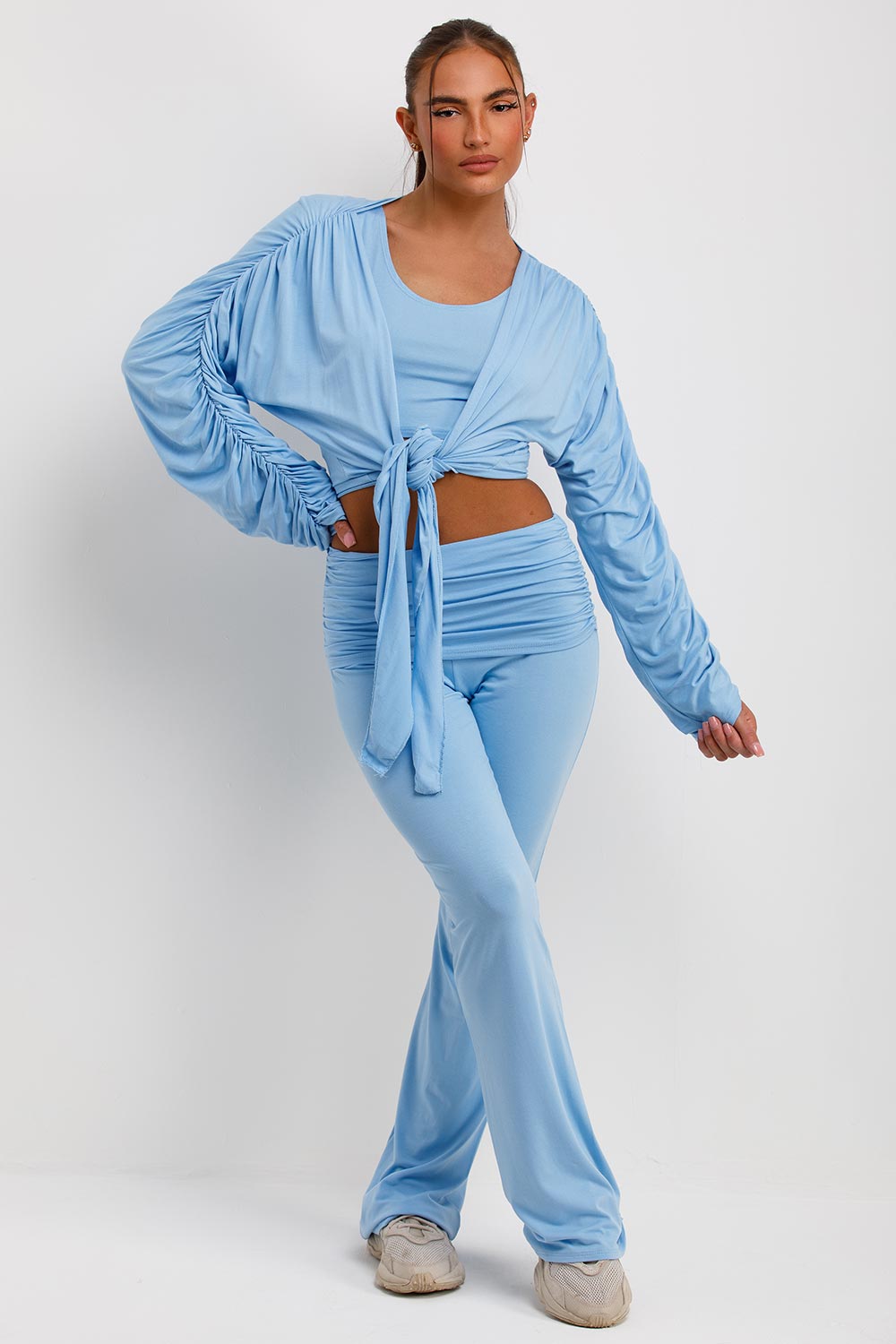 fold detail flared trousers crop top and ruched sleeve cardigan three piece matching set womens loungewear co ord