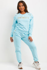 gold button frill ruffle shoulder top and trousers tracksuit set 