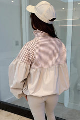 funnel neck check print balloon sleeve jacket styledup uk