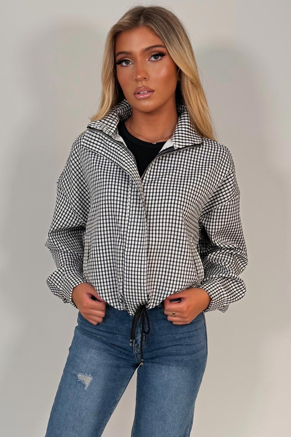 womens checked jacket with long sleeves drawstring hem styledup uk