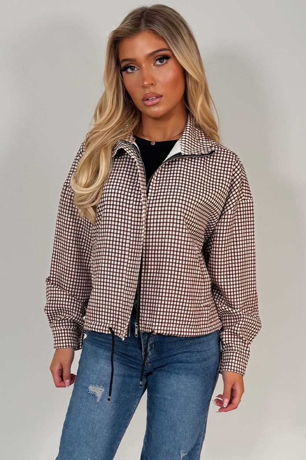 womens checked jacket with long sleeves drawstring hem styledup uk