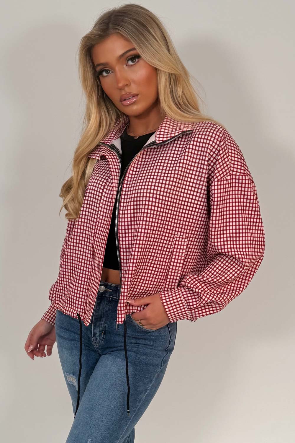 stradivarius checked technical jacket red checked print styledup uk