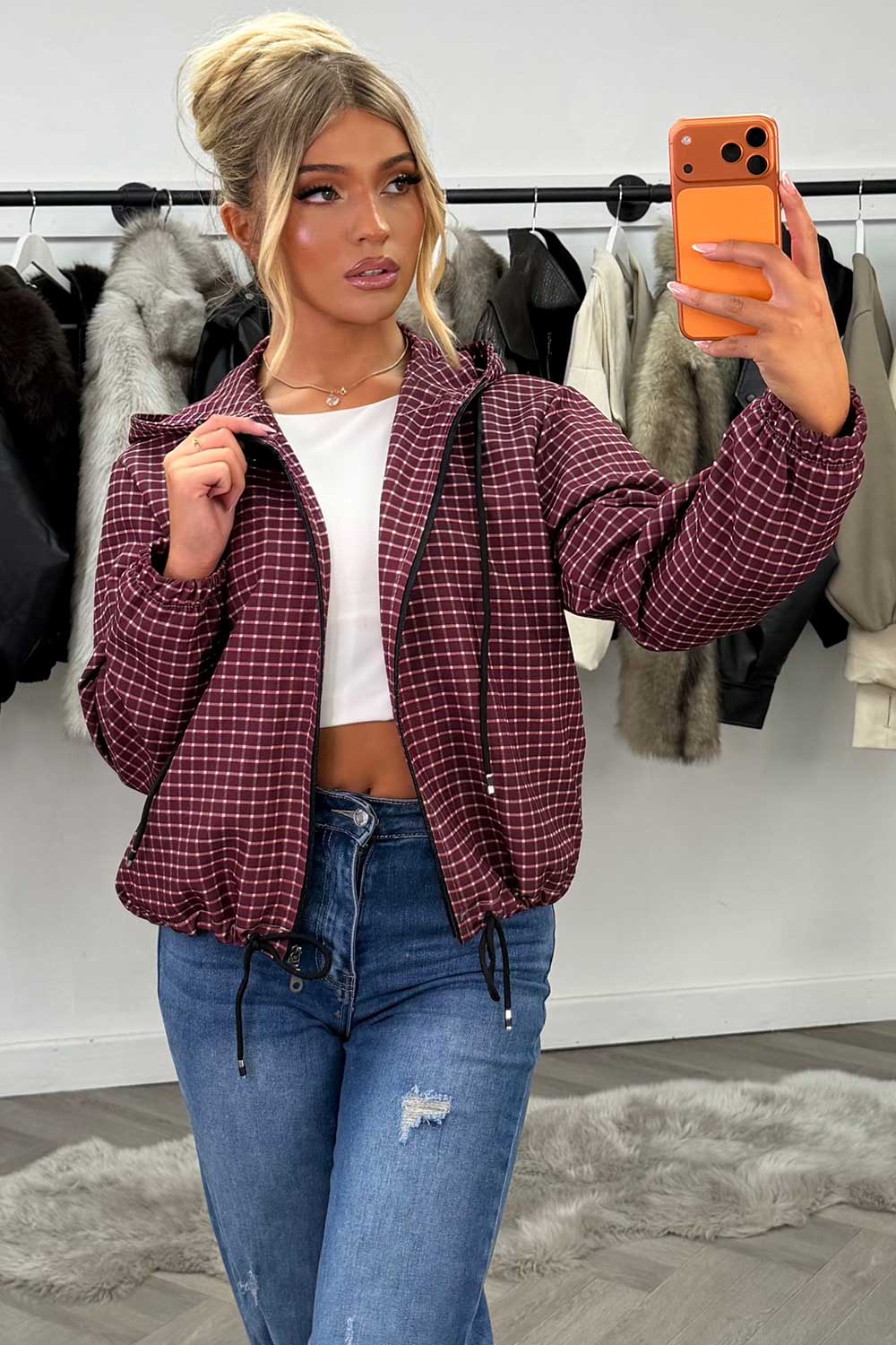 womens hooded checked jacket windbreaker festival outfit styledup