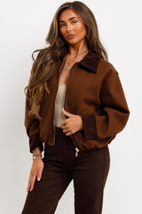 brown corduroy collar and cuff short bomber jacket with zip up zara womens