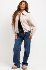 zara womens corduroy collar short bomber jacket beige styledup