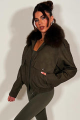 womens faux suede faux fur collar winter jacket khaki styledup 