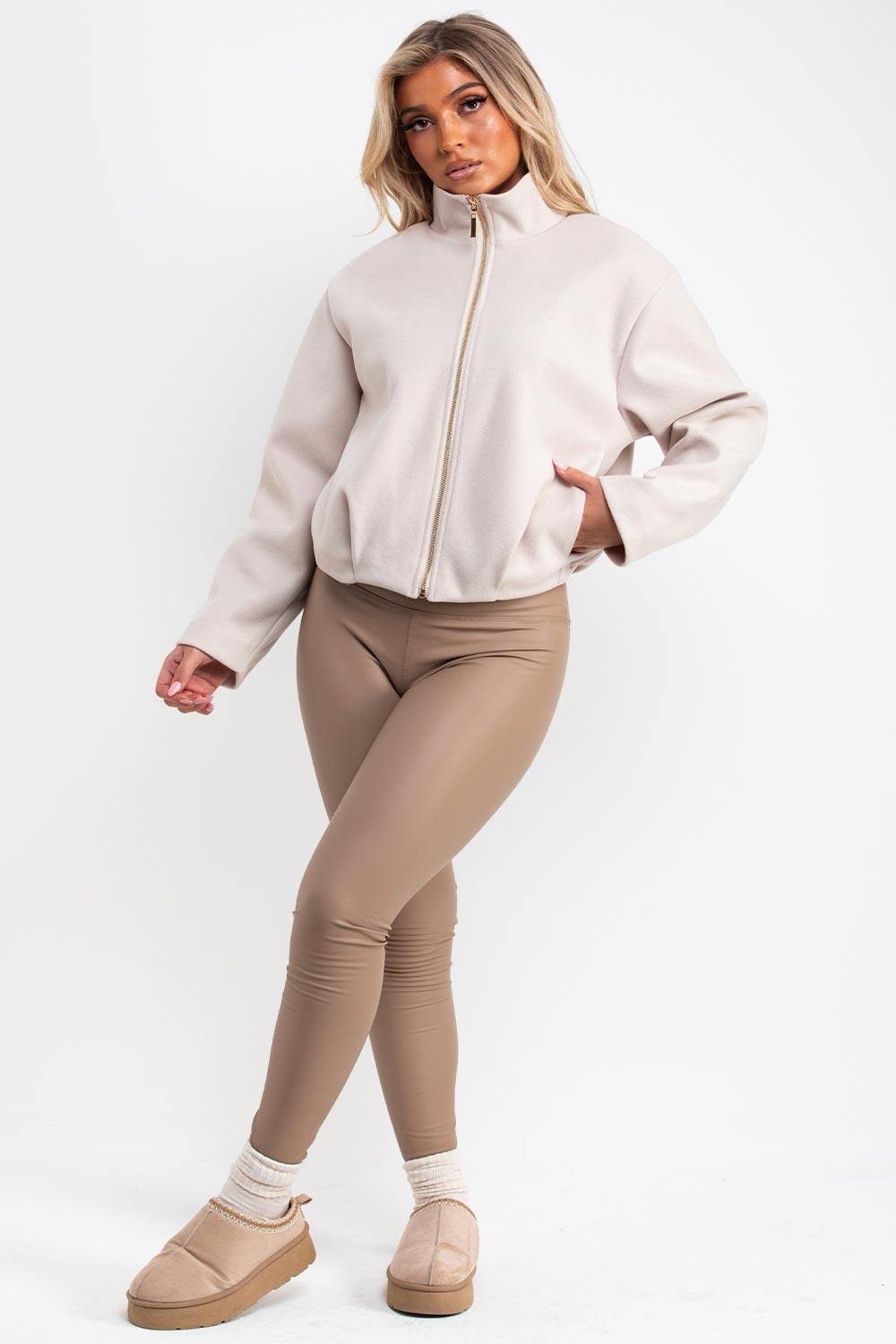 zara womens beige bomber jacket with high collar styledup uk