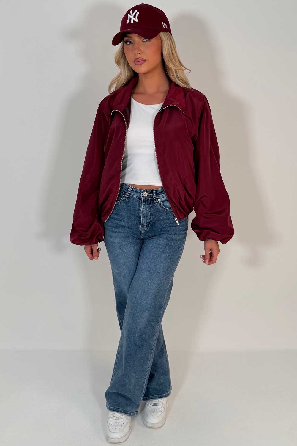 womens burgundy festival jacket funnel neck 