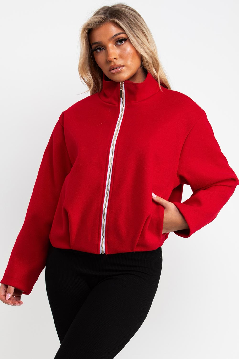 red bomber jacket with funnel neck zara womens uk