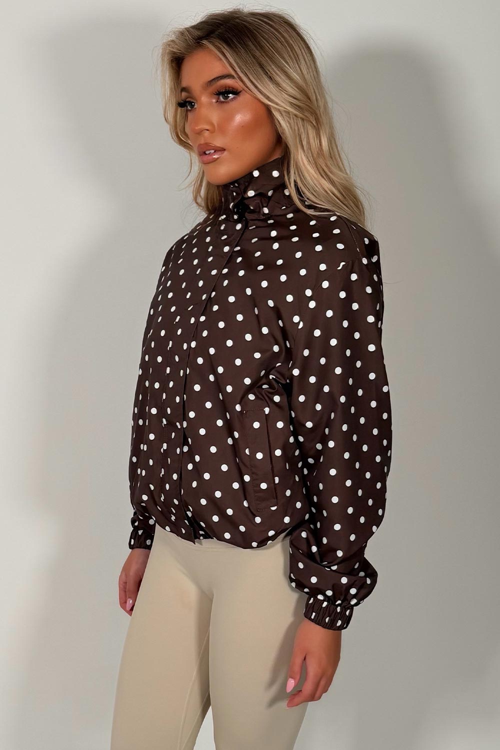 womens polka dot jacket with long sleeves drawstring hem styledup uk
