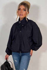 navy funnel neck jacket with cinched waist womens uk