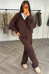zip through oversized hoodie with long sleeves thumb holes and wide leg joggers lounge set chocolate brown styledup 