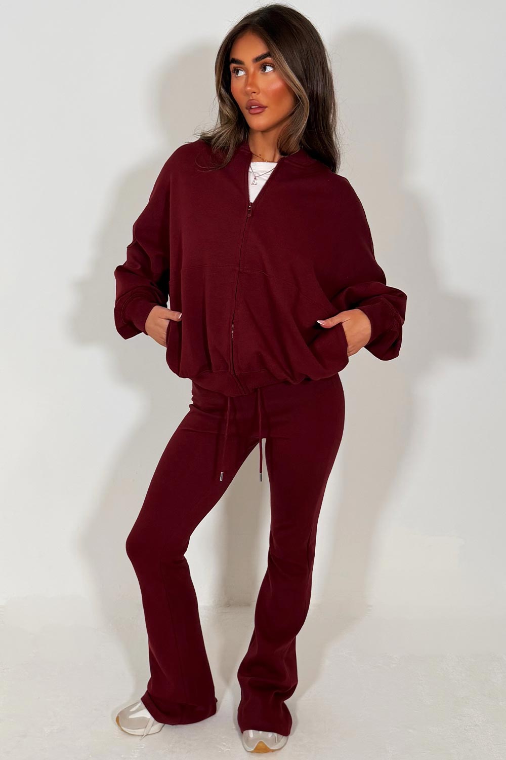 bell bottom flared tracksuit burgundy styledup fashion