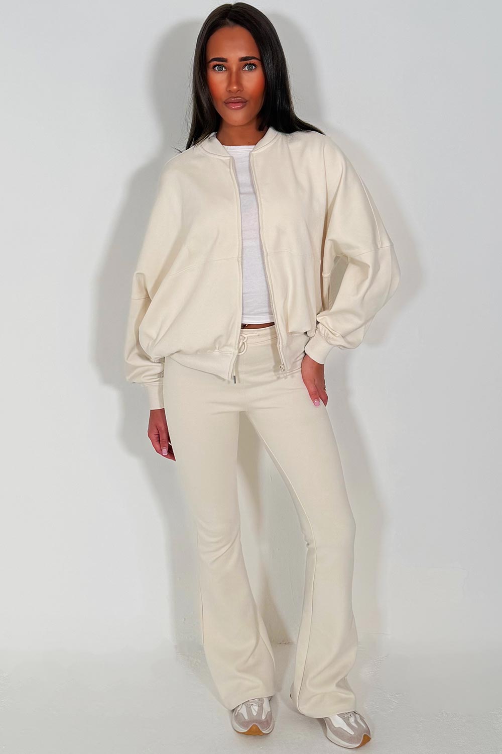 bell bottom flare trouser and bomber sweatshirt with zip tracksuit ecru styledup womens