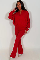 bomber sweatshirt and flare leg trouser tracksuit set red