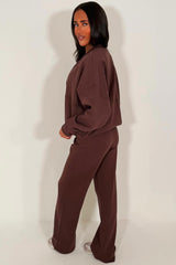 womens brown bomber sweatshirt with zip and straight leg joggers tracksuit set loungewear co ord