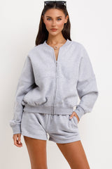 womens short tracksuit bomber jacket and shorts lounge set airport outfit