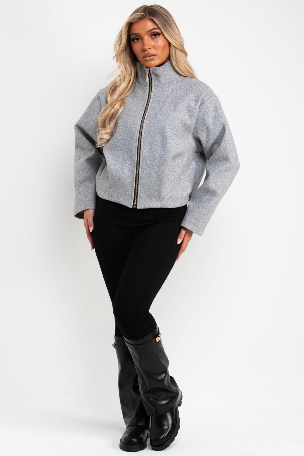 womens grey high collar funnel neck soft bomber jacket styledup uk