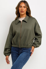 khaki puffed bomber jacket with double welt pockets long sleeves zara uk for womens