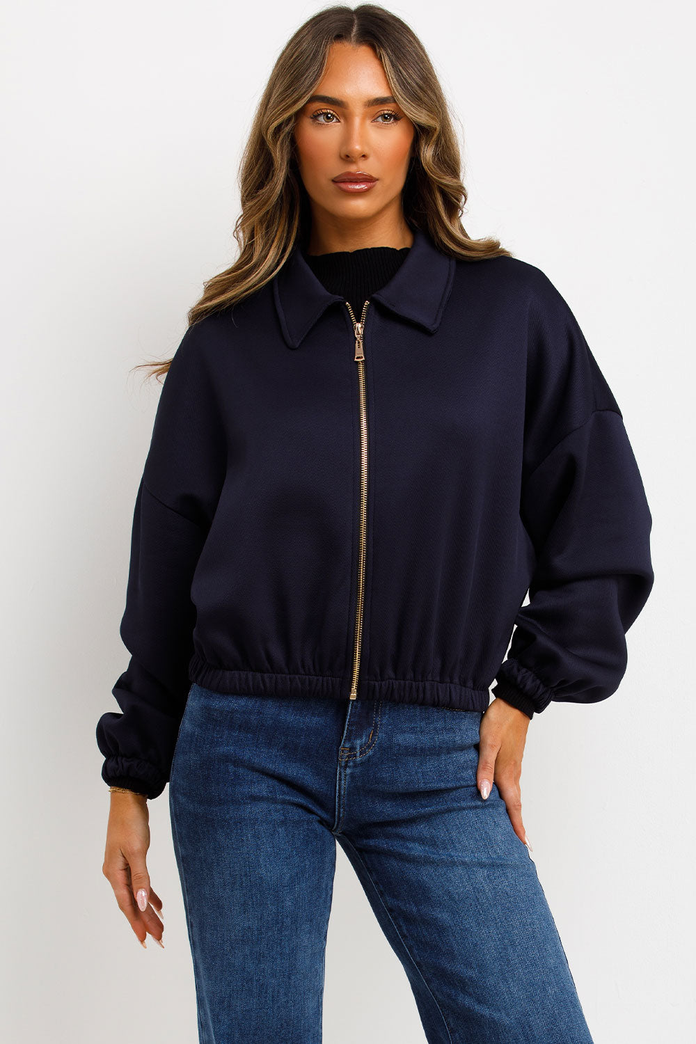 navy puffed bomber jacket with double welt pockets long sleeves zara uk for womens