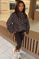polka dot print funnel neck jacket brown styledup uk
