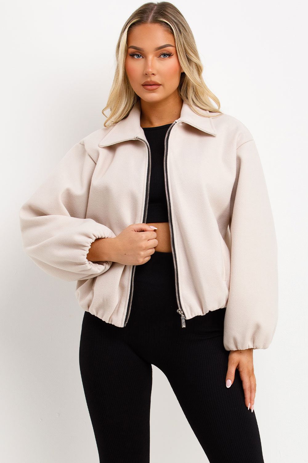 zara womens beige puffed bomber jacket styledup