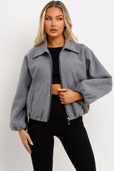 grey puffed bomber jacket with double welt pockets long sleeves zara uk for womens