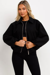 black puffed bomber jacket with double welt pockets long sleeves zara uk for womens