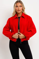 red puffed bomber jacket with double welt pockets long sleeves zara uk for womens
