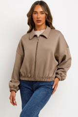 taupe puffed bomber jacket with double welt pockets long sleeves zara uk for womens