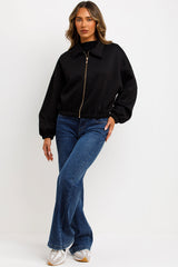 womens zara puffed bomber jacket with zip up front pockets 