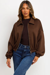zara womens brown puffed bomber jacket with lapel collars double welt front pockets sale uk styledup outerwear 