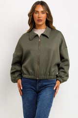 zara womens taupe puffed bomber jacket with lapel collars double welt front pockets sale uk styledup outerwear 