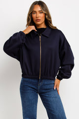 zara womens navy puffed bomber jacket with lapel collars double welt front pockets sale uk styledup outerwear 