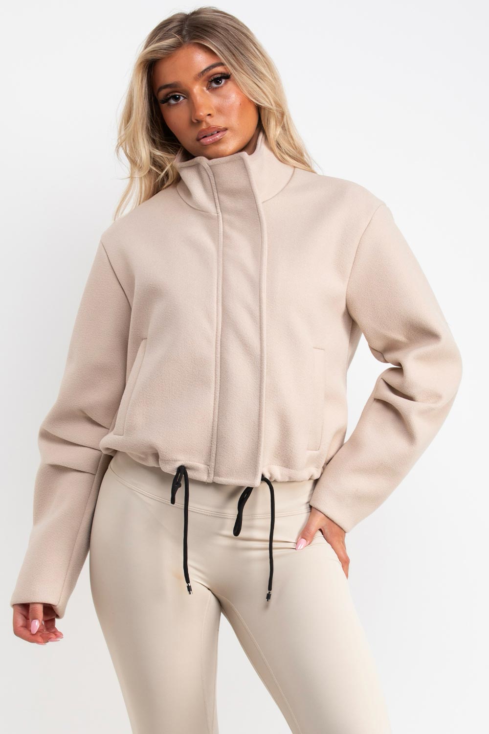 womens beige funnel neck jacket with drawstring hem long sleeves zara uk everyday jacket styledup uk