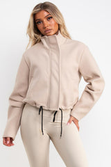 womens beige funnel neck jacket with drawstring hem long sleeves zara uk everyday jacket styledup uk