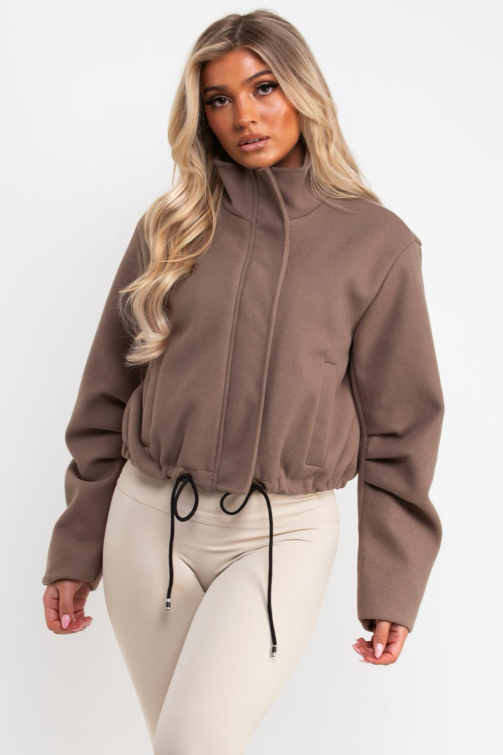 womens high neck long sleeve soft bomber jacket taupe styledup uk