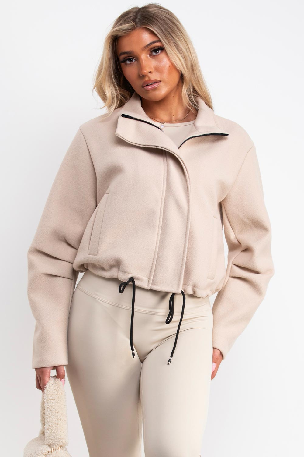 womens beige drawstring hem funnel neck jacket long sleeves everyday outerwear uk