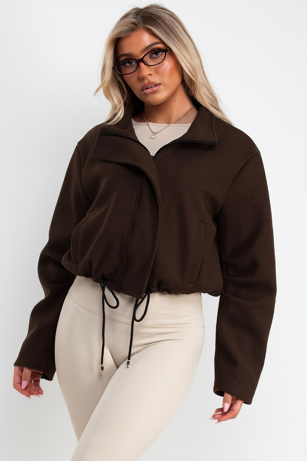 womens brown drawstring hem funnel neck jacket long sleeves everyday outerwear uk