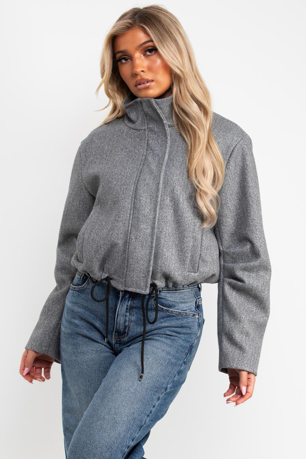 womens high collar funnel neck long sleeve soft bomber jacket styledup uk