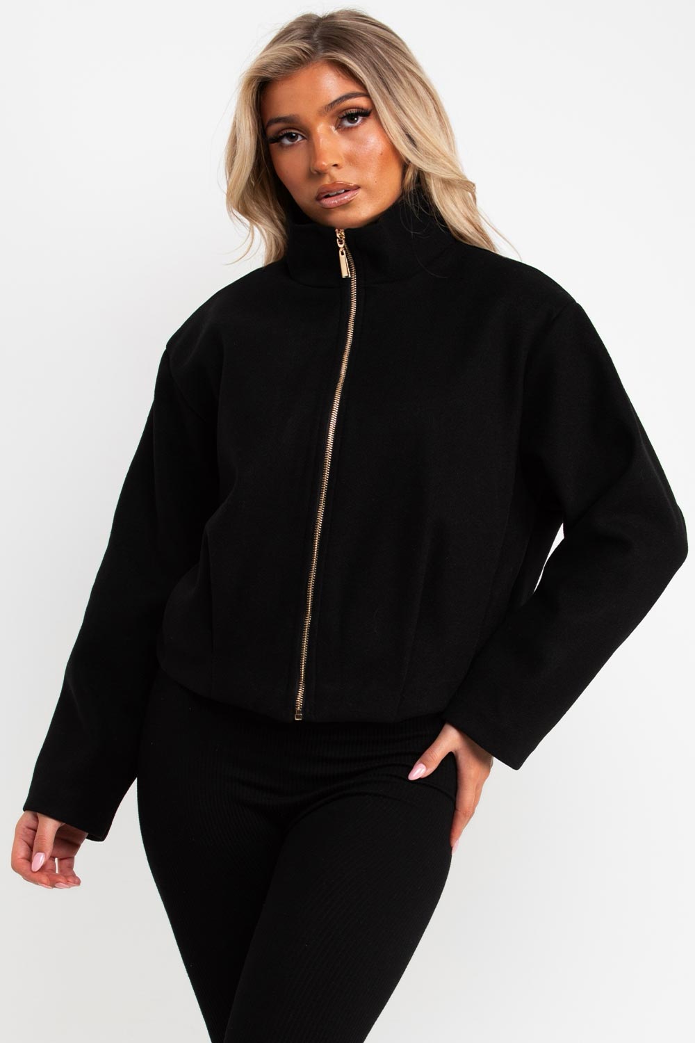 zara womens black bomber jacket with high collar styledup uk