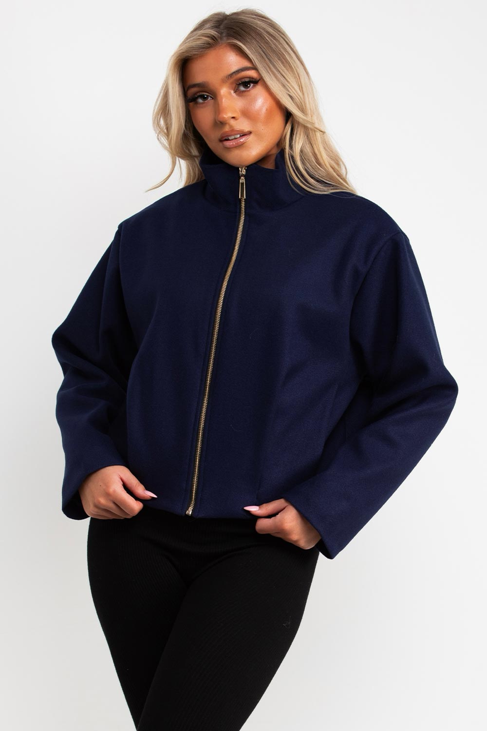 zara womens navy bomber jacket with high collar styledup uk