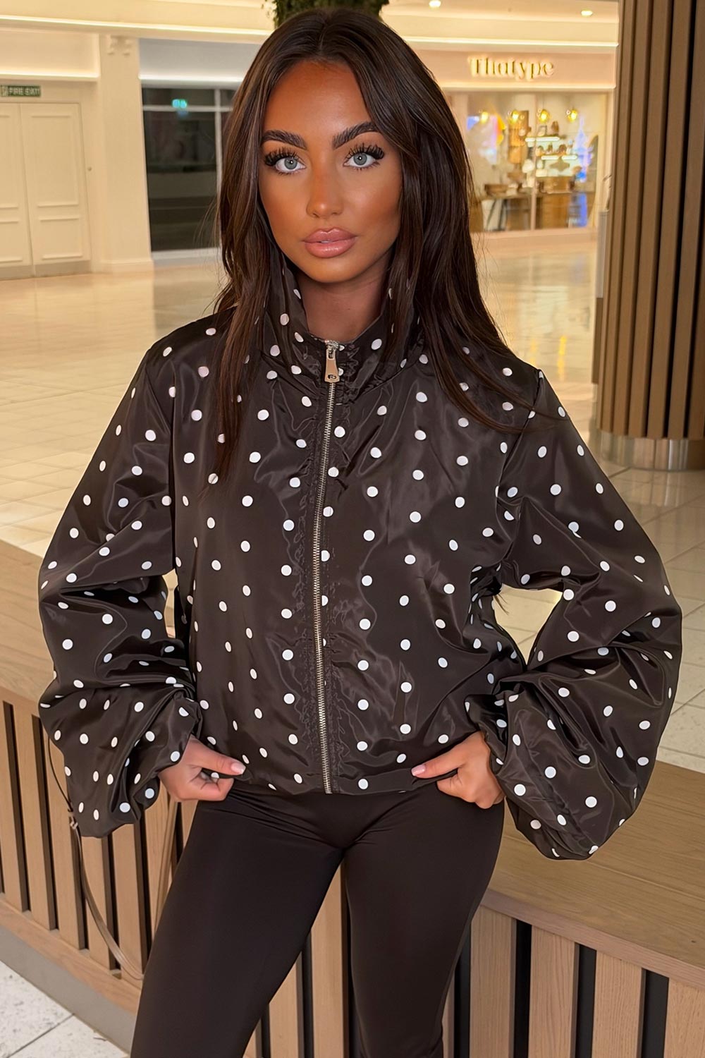 polka dot funnel neck jacket brown styledup uk