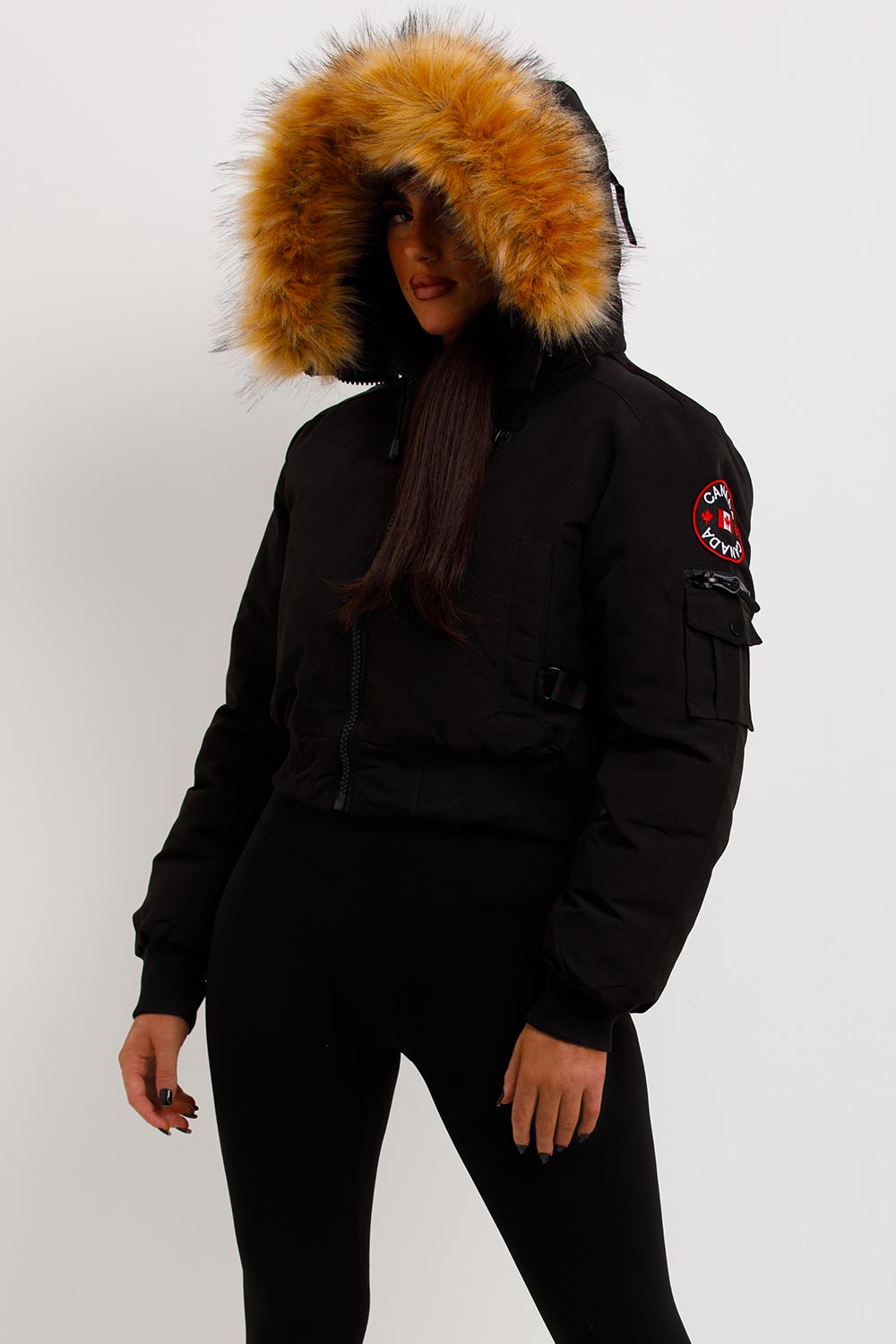 zavetti canada crop bomber jacket with fur hood womens