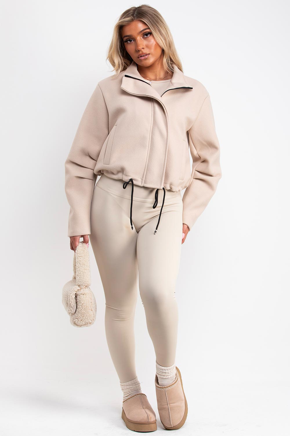 womens funnel neck soft bomber jacket with drawstring hem styledup uk