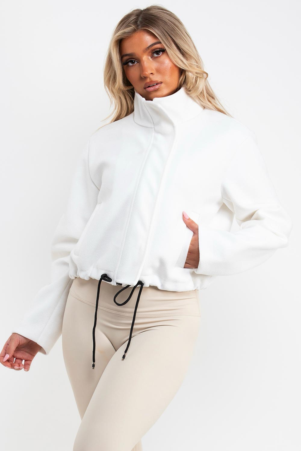 drawstring hem soft bomber jacket cream styledup uk
