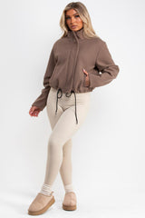 womens taupe drawstring hem funnel neck jacket long sleeves everyday outerwear uk