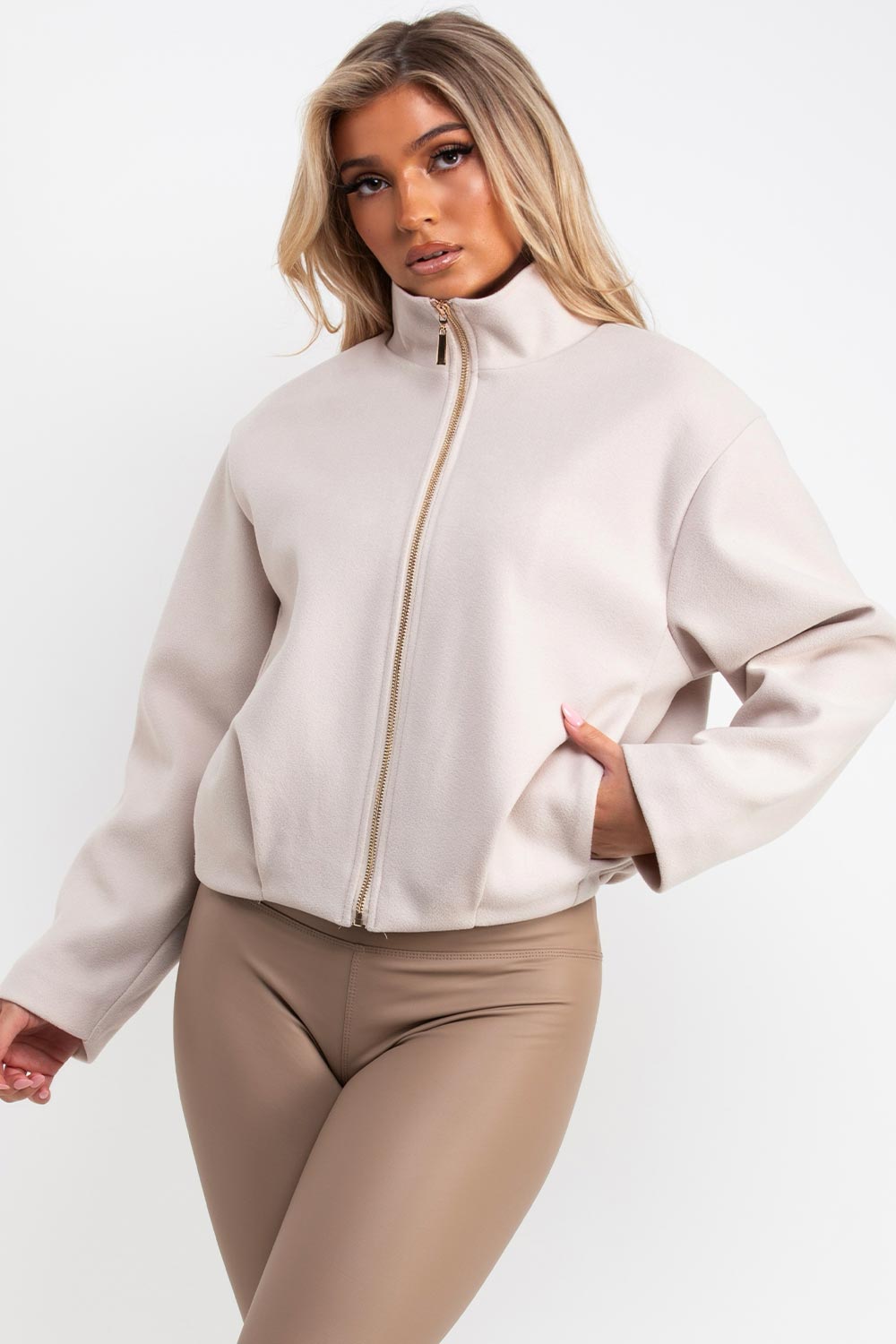 zara womens beige bomber jacket with high collar styledup uk